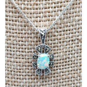 Pretty Sterling Silver Opal & Marcasite Pendant Necklace Box Chain Signed CW 18"